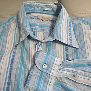 Ted Baker Mens Size 5 XL Floral Blue Striped Collared Business Dress Shirt
